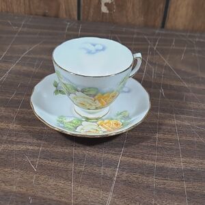 Royal Osborne Fine Bone China Tea Cup & Saucer Yellow / White Rose Gold Trim